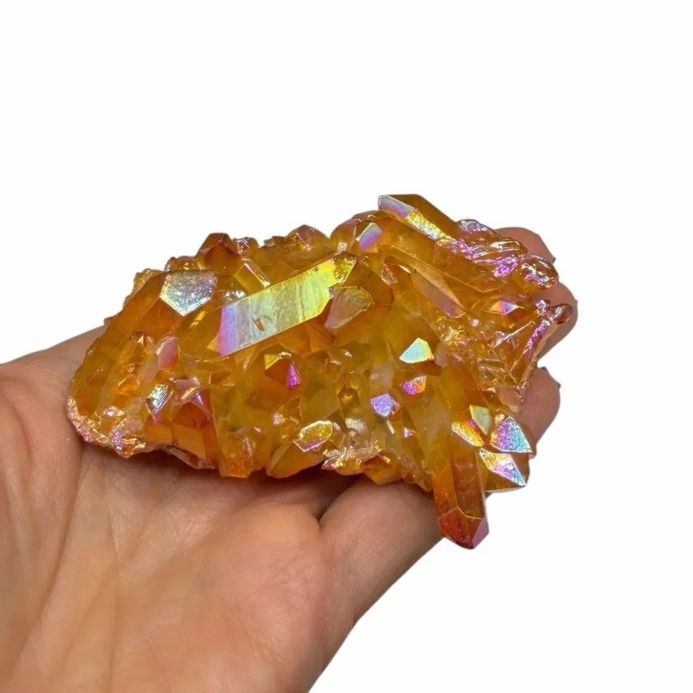 Amber Aura Quartz Crystal Cluster Orange Clear AB Aurora Iridescent Stone